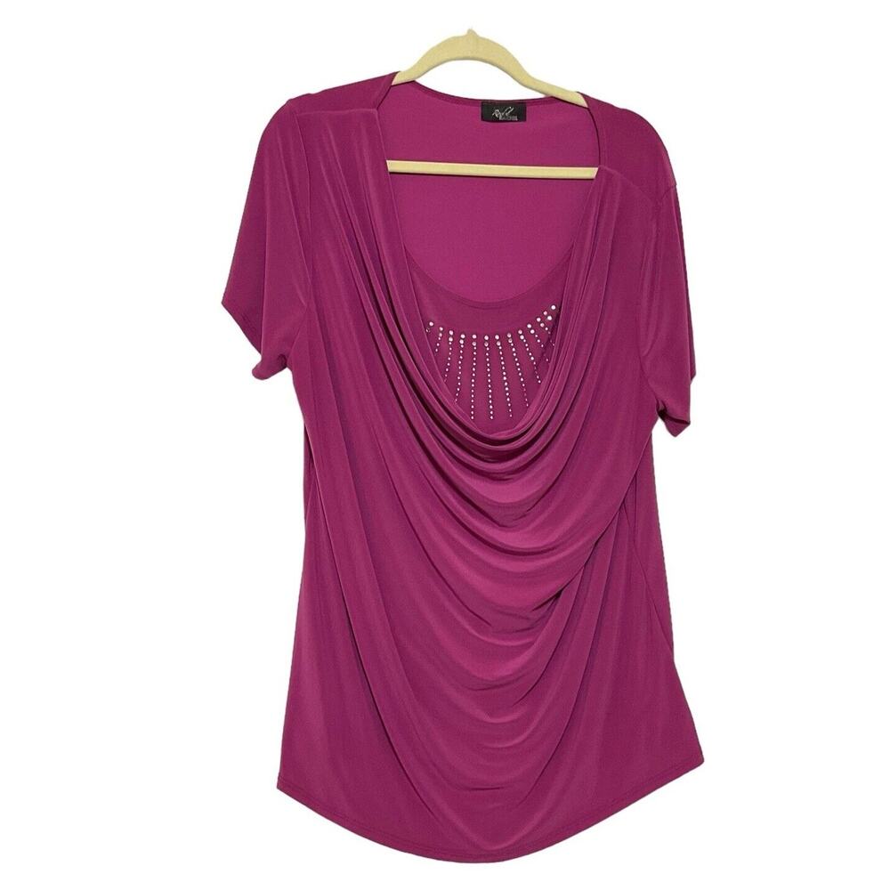 Rachel Rachel‎ Fuchsia Draped Beaded Detail Shirt Sleeve Blouse Size 3X Stretch